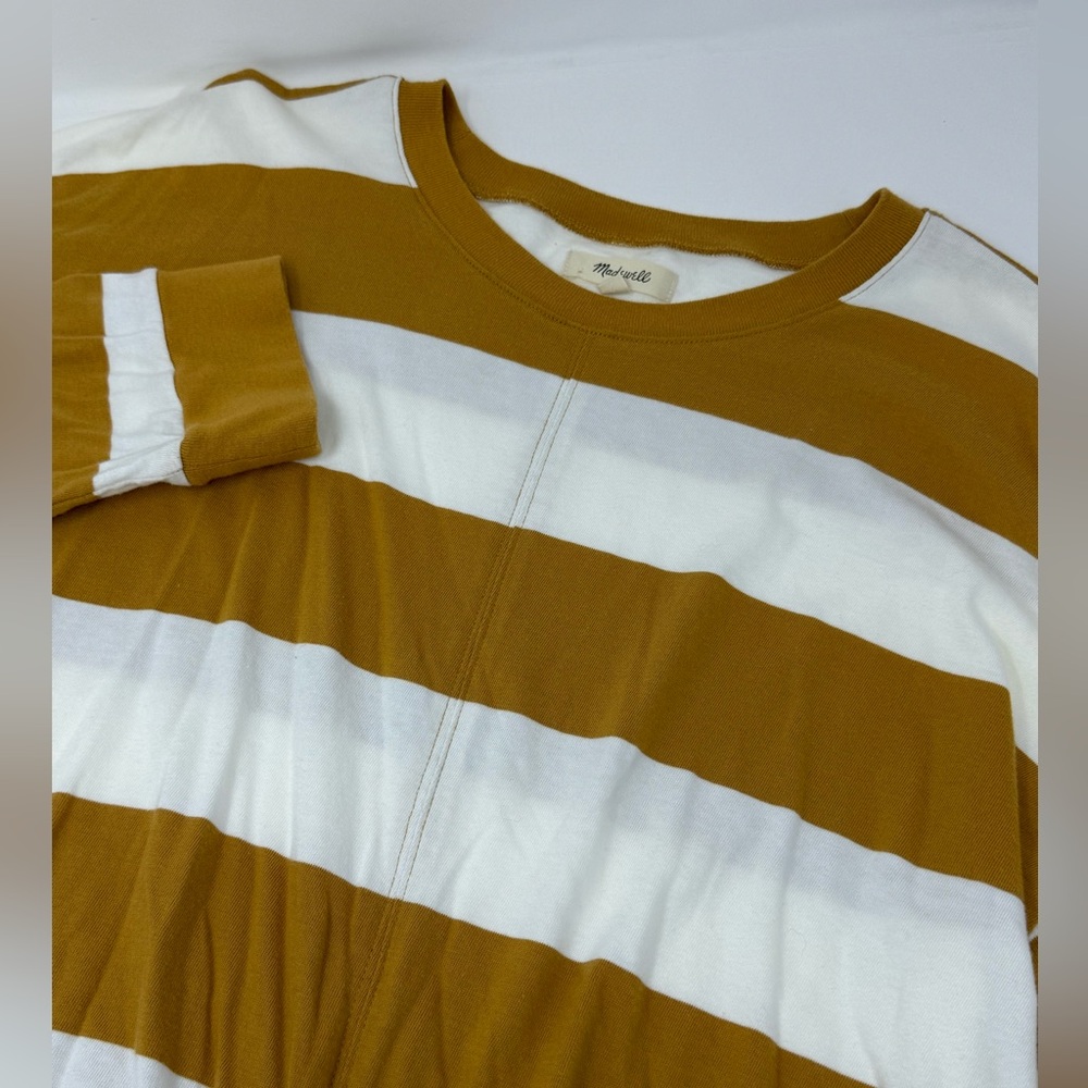 Madewell Women’s Long Sleeve Striped Tan/White Cotton Crew Neck Top Sz Med V0